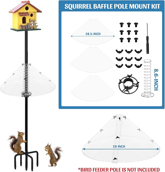 Squirrel Baffle for Bird Feeder Pole, Squirrel Guard with Mounting Bracket, Spring-Supported and Spiked Edge, for 1x1 Post, 19-Inch, Clear