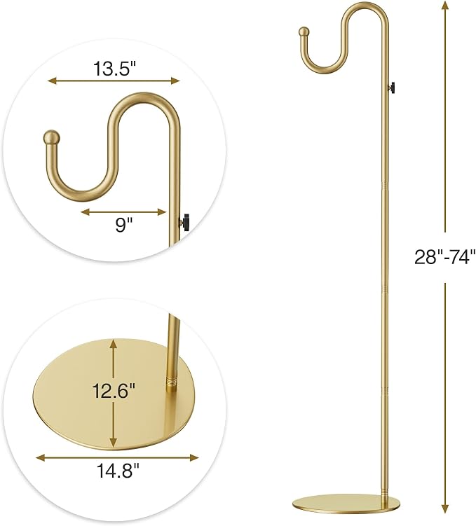 74" Gold Shepherds Hook Stand–Adjustable Free Standing Pole Holder for Hanging Bird Feeders, Plants, Lanterns, Wreaths, and Wind Chimes, Heavy Duty Base for Indoor & Outdoor Use, Holds Up to 20 LBS