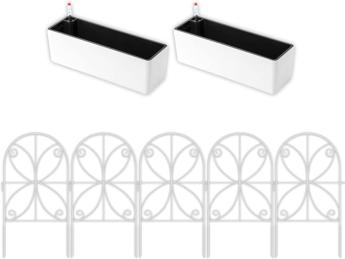 ShopLaLa Bundle- 10 Pack, 24 Inch Decorative Garden Fence + 2 Pack, 16 Inch Self Watering Planter, Rectangular Windowsill Boxes with Drainage No Dig Landscape Edging Yard Patio Outdoor Garden Decor