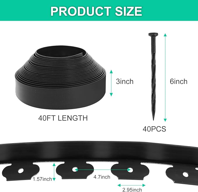 3 Inch x 40FT Garden Edging Kit with 40 Spikes for Landscaping, Plastic Lawn Edging Border for Flower Beds, Tree Rings, Pathways, Black