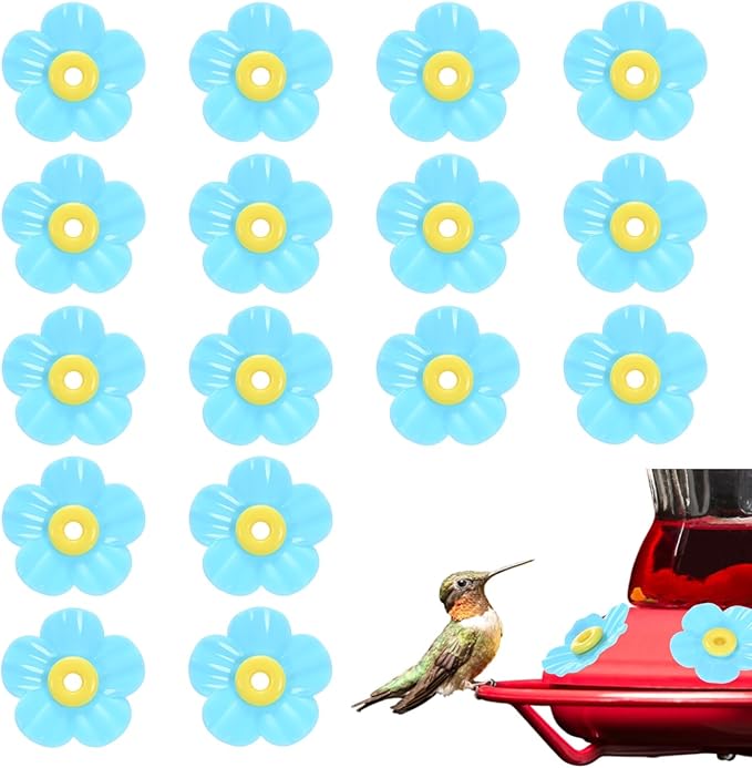 M METERXITY 16-Pack Hummingbird Feeder Replacement Flowers, Plastic Pet Hummingbird Feeding Parts Feeding Ports for Outdoor Hanging Feeders, Bees Guards [Blue]