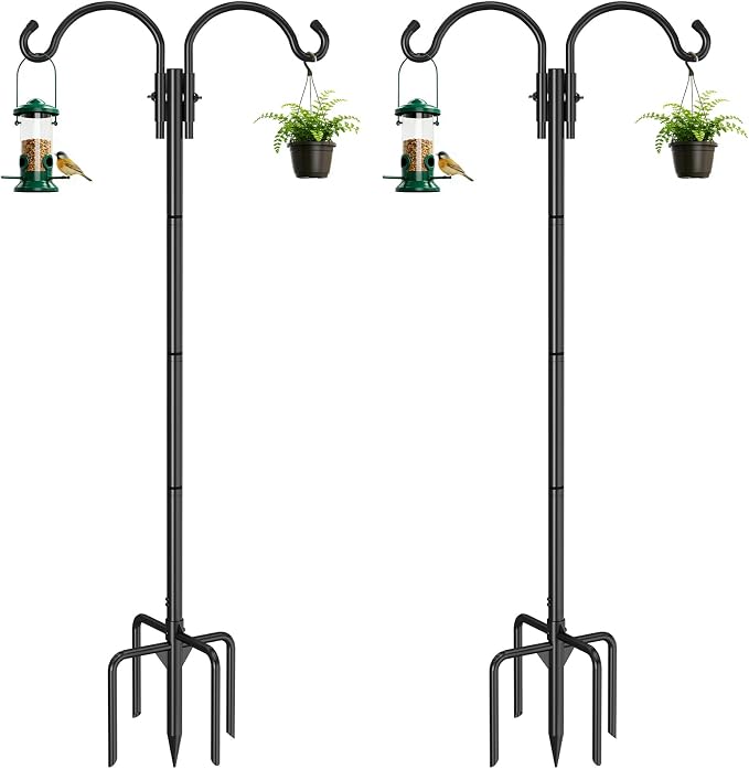 GOFORWILD Double Shepherds Hook for Outdoor, with 5-Prong Base, 76inch Adjustable Metal Bird Feeder Pole for Hanging Bird Nest, Plant Basket,Lantern,Solar Light 2 Pack