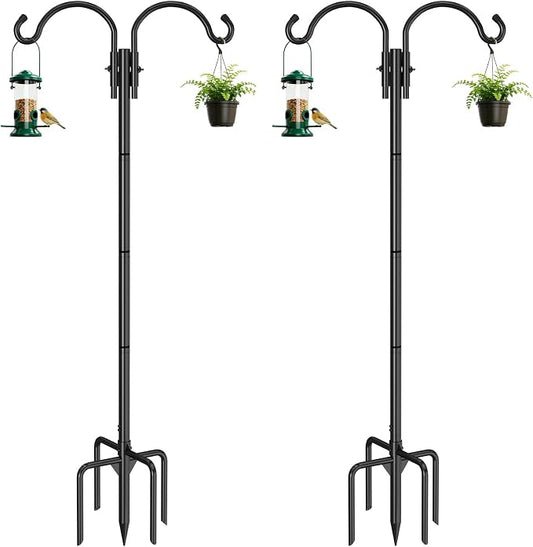 GOFORWILD Double Shepherds Hook for Outdoor, with 5-Prong Base, 76inch Adjustable Metal Bird Feeder Pole for Hanging Bird Nest, Plant Basket,Lantern,Solar Light 2 Pack