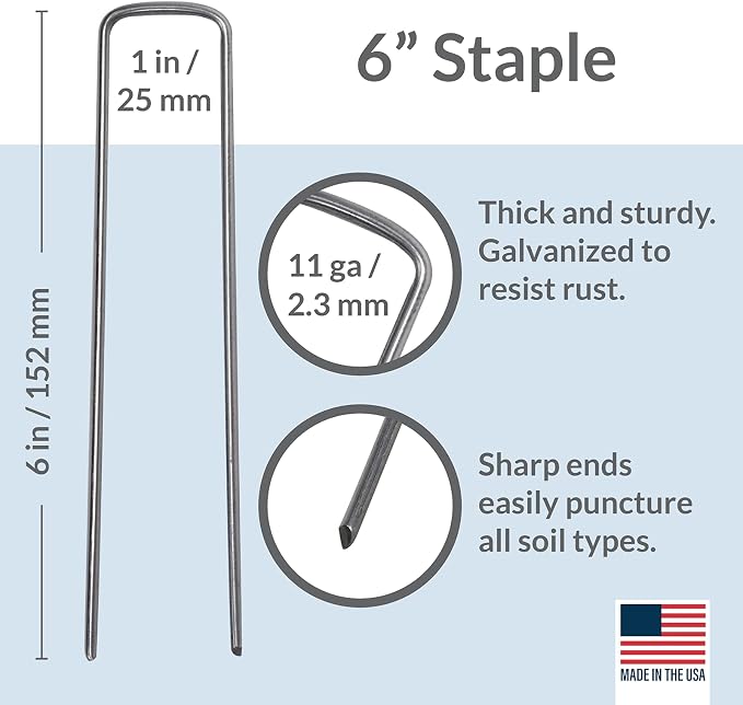 Pinnacle Mercantile Garden Stakes 6 Inch 11 Gauge Galvanized Steel Landscape Staples, Heavy Duty Landscape Fabric Stakes 50 Pack for Weed Barrier, Sod, Edging, Fencing and Drip Irrigation Made in USA