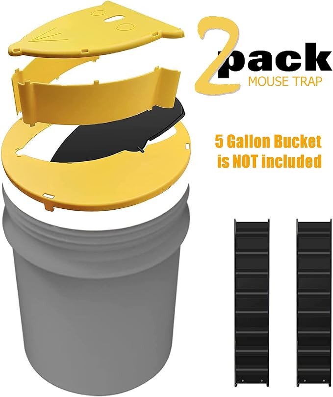 Pack 2 Bucket Lid Mouse Rat Trap, Mouse Catching Tool, Trap Door Style, Multi Catch, Auto Reset, Indoor Outdoor, 5 Gallon Bucket Compatible (Yellow)