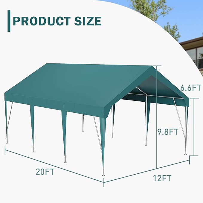 Heavy Duty Carport 12'x20' Portable Garage Car Canopy Waterproof Uv Protected Outdoor Storage Shed for Cars Boats, Dark Green