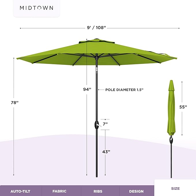 Midtown Umbrellas - 10-Year-No-Fade 9 Ft Patio Umbrella with Terylast Fabric, Auto-Tilt Aluminum Frame and 8 Reinforced Ribs for Deck, Pool, Garden & Beach - Pear Green Canopy, Black Pole