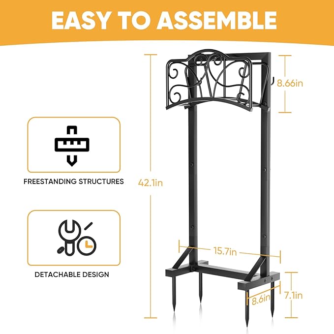 Heavy-Duty Garden Hose Holder with Tool Hooks and Stable Base, XEAPOMS Metal Hose Hanger Garden Hose Storage Holds 160Ft, Rustproof Freestanding Water Hose Holder for Outside, Yard, Lawn, Farm