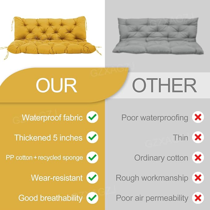 Porch Swing Cushions Outdoor 48x40 inch Waterproof Thicken 5" Outdoor Swing Replacement Cushions with Backrest and Ties Patio Swing Cushion for Outdoor Furniture Backyard Bench Garden(Yellow)