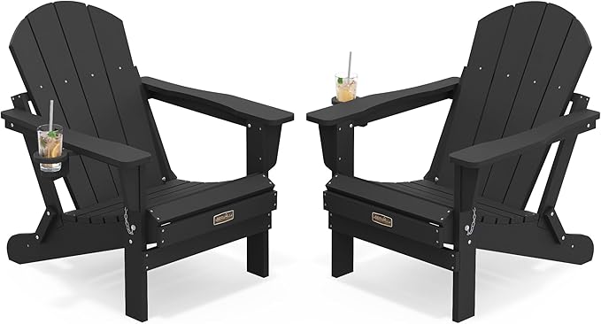 SERWALL Foldable Adirondack Chair with Cup Holder Set of 2, All Weather Adirondack Chairs for Patio Garden Outdoors Fire Pit - Black