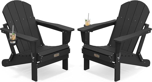 SERWALL Foldable Adirondack Chair with Cup Holder Set of 2, All Weather Adirondack Chairs for Patio Garden Outdoors Fire Pit - Black