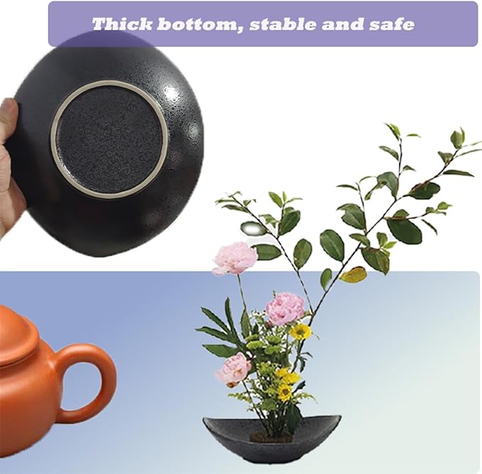 Japanese Ikebana Vase Kit,2inch Flower Frog Kanzan with 9inch Bowl Vase - Floral Frog Included,Various Styles (Frosted, Hammering Pattern)