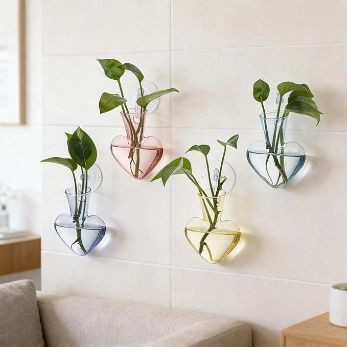 Bunmery Window Propagation Stations, 4 pcs Colored Heart Plant Propagation Station with Suction Cups, Easy to Install Window Hanging Planer, Indoor No Nails Glass Vase Terrarium for Plants&Flowers