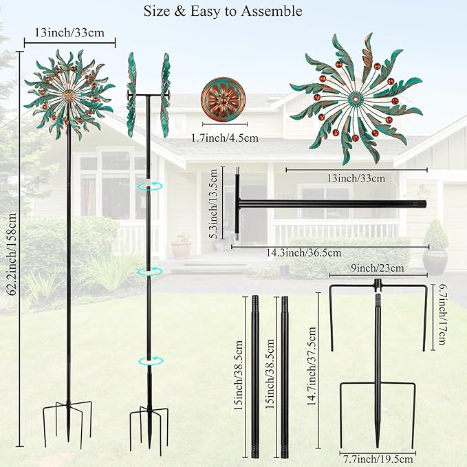 DREAMSOUL 13" Dia Wind Spinners Outdoor with Stake Kinetic Metal Wind Spinner with Red Crystal Accents, Teal Copper Windmill for Yard Garden Decor
