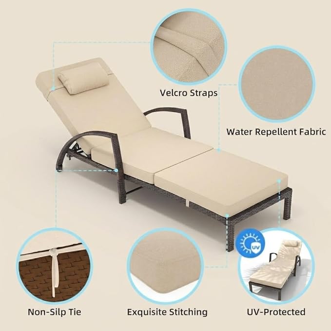 Garvee Outdoor Chaise Lounge Set of 2, 5-Position Adjustable PE Wicker Reclining Chairs with Wheels & 3.5" Cushions, 400 lbs Capacity All-Weather Patio Furniture for Poolside, Garden, Beach(Beige)