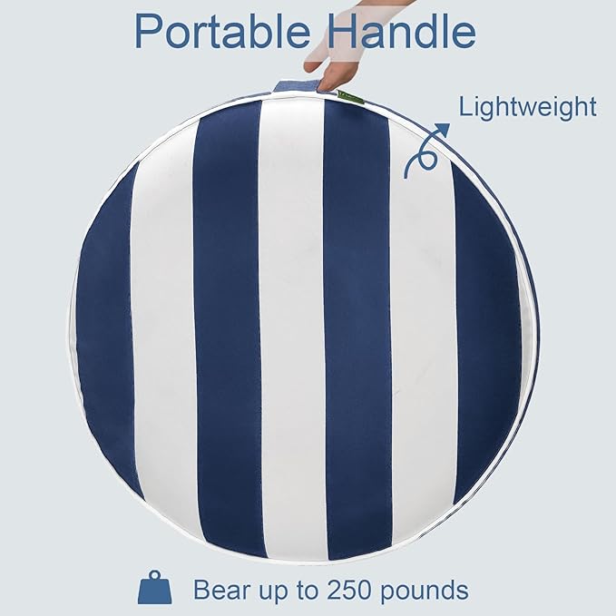 LVTXIII Indoor/Outdoor Inflatable Ottoman with Handle D21 x H9 Inch, Weather-Resistant Round Footstool Pouf for Patio Camping Living Room, Portable Footrest Extra Seating, Cabana Navy