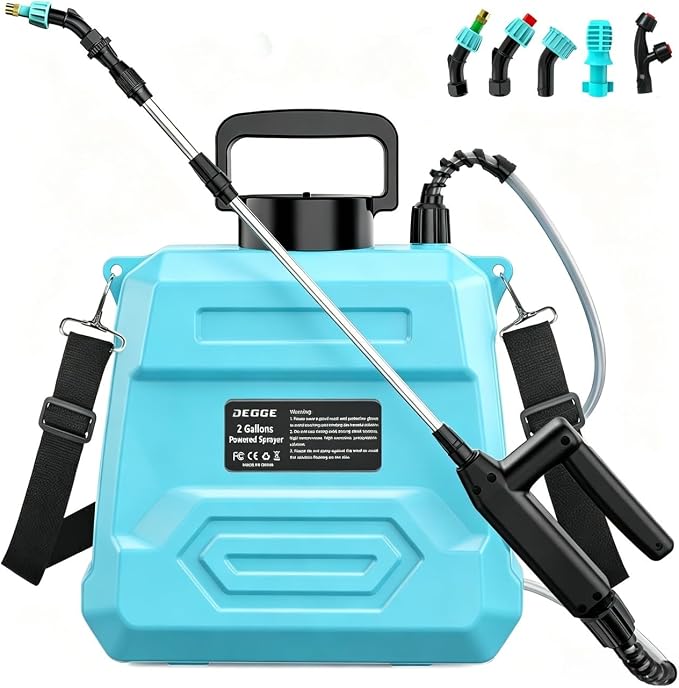 Weed Sprayer 2 Gallon, 7.4V Battery Powered Sprayer, Weed Killer Sprayers with 5 Mist Nozzles,Rechargeable Handle,Retractable Wand and Adjustable Strap for Garden, Yard,Lawn (Blue)