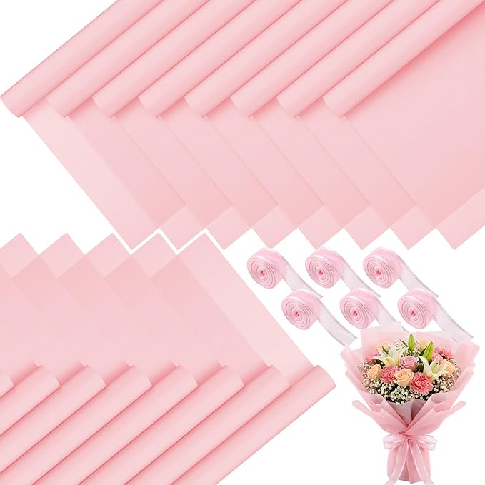 Sabary 120 Sheets Flower Wrapping Paper Bouquet Pure Color Waterproof Floral Packaging Paper with 196 Inch Ribbon Florist Bouquet Supplies for Wedding Birthday DIY, 22.8 x 22.8 Inch (Cream Champagne)
