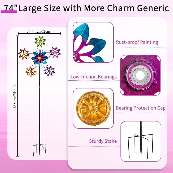 Stargarden Outdoor Kinetic Wind Spinner -24.4" D*74" H Large Metal Wind Sculpture, Flower Metal Wind Spinners for Garden Yard Patio