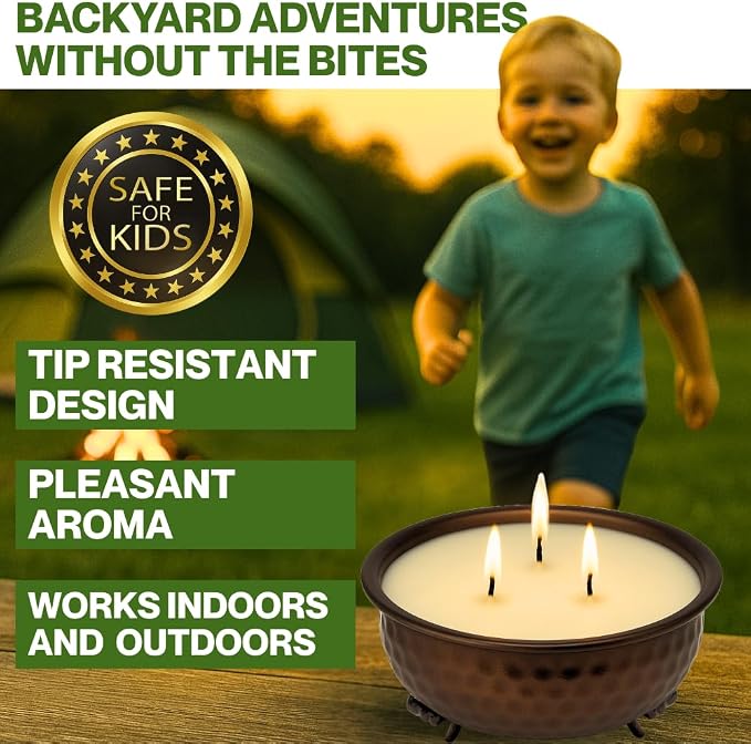 Dough Bowl Candle Co. Citronella Candle - Insect Repellent in Fire Pit Design, 3 Wick Patio Accessories for Glamping, Deck, Patio, Back Yard, Indoor and Outdoor Candles for Summer, 50 Hour Burn Time