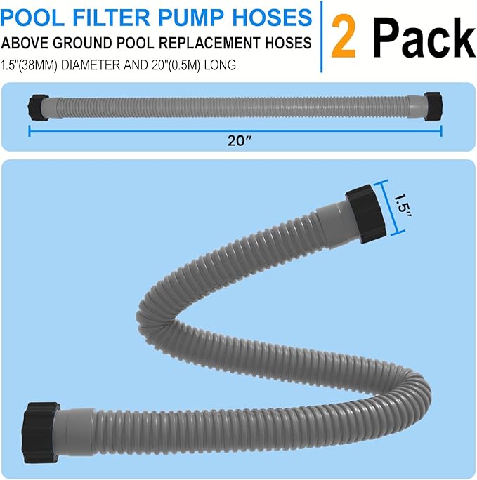 1.5" x 20" Pool Hose Replacement, Pack of 2 - Compatible with Above Ground Pools Filter Pump Hoses, Sand Filters, Saltwater Systems (1,500-2,500 GPH), Grey