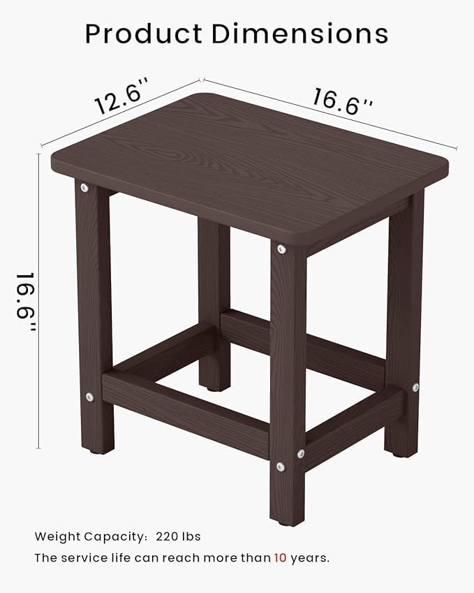 Set of 2 HDPE Outdoor Side Table, Weatherproof Small Outdoor Table for Adirondack, 16.6-Inch Patio Square End Tables for Garden, Backyard, Porch, Deck, Balcony, Poolside (Coffee)