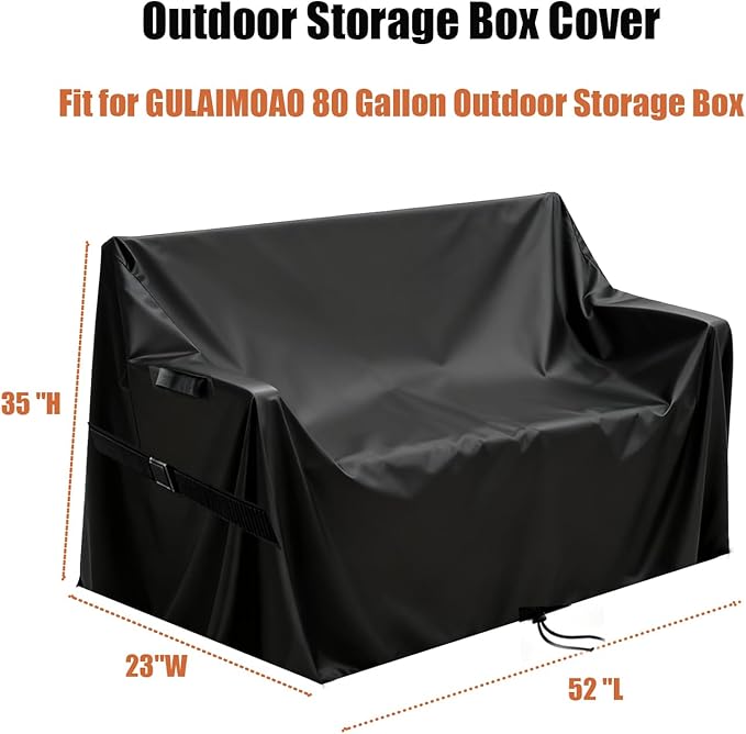 Deck Box Cover for GULAIMOAO 80 Gallon Outdoor Storage Box, Waterproof Resin Storage Box Bin Covers Patio Furniture Side Table Cover- 52 ''L x 23''W x 35 ''H