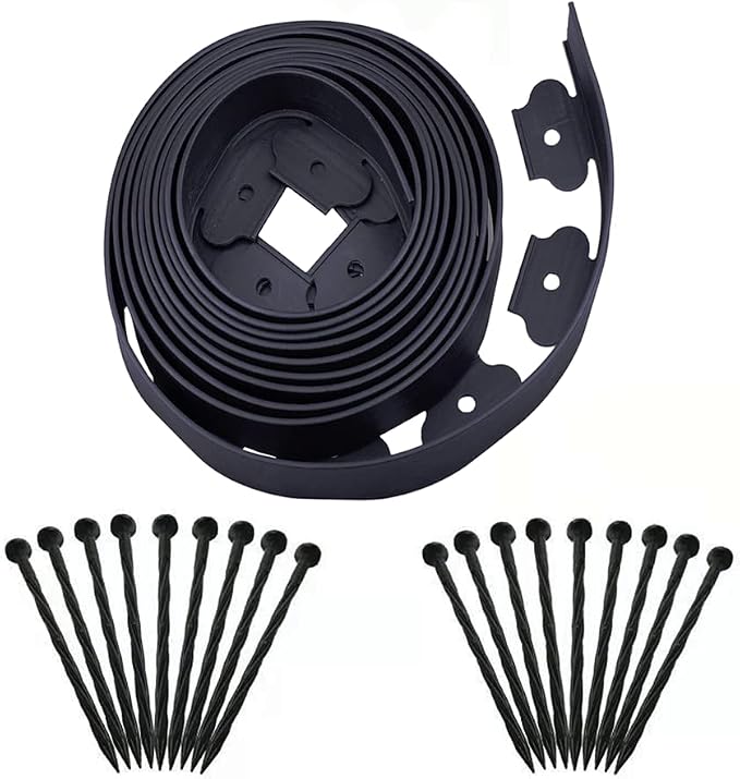 Garden Edging，20ft Landscape Edging with 20 Spikes for Lawn 2 Inch Tall(Black, 20FT)