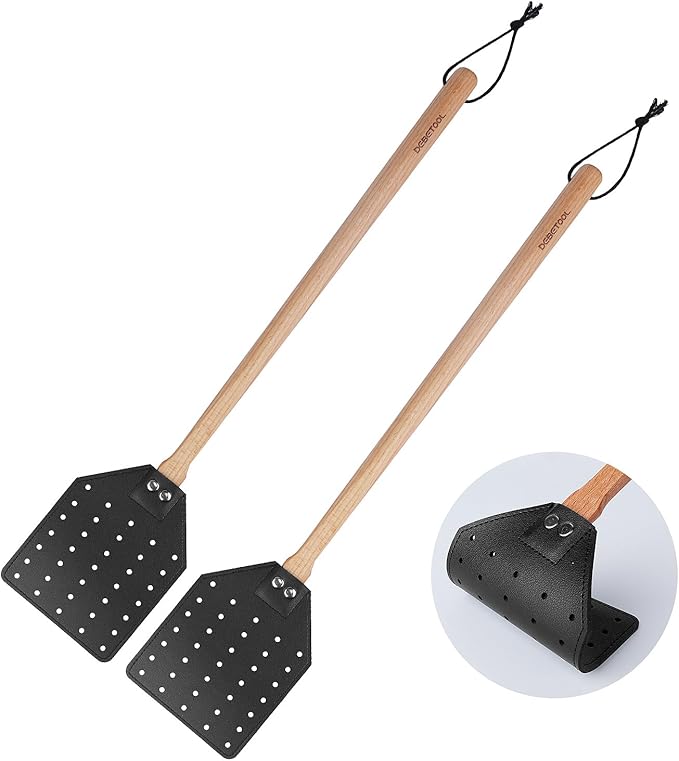 DEBETOOL Indoor Leather Fly Swatter - 2 Pack Long Handle Heavy Duty Fly Swatter with Hanging Rope, Wood Fly Swatter Manual for Kitchen/Home Indoor and Outdoor Flies