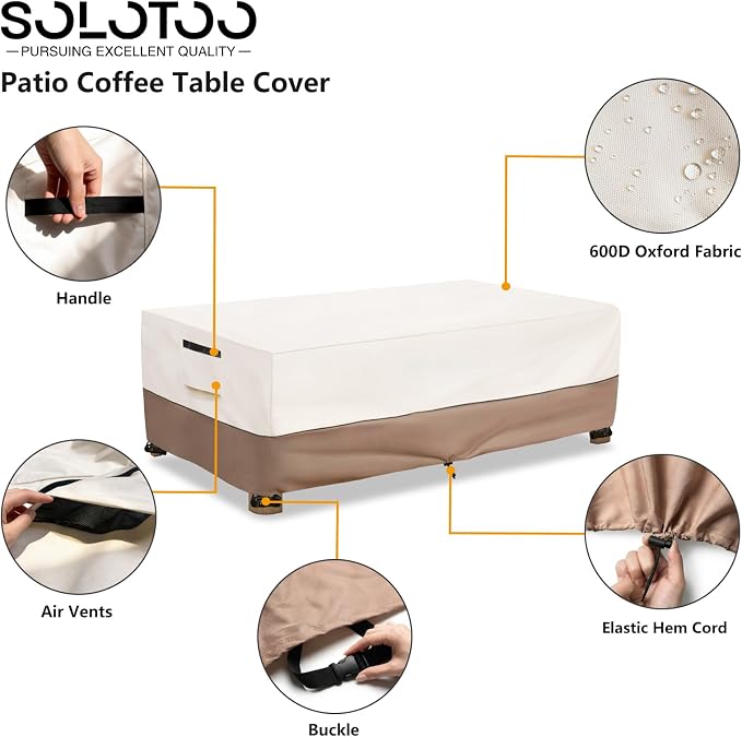 Outdoor Coffee Table Cover Waterproof, Heavy Duty Patio Rectangular Side Table Covers, 42W x 26D x 16H Inches Outdoor Tables Cover (Beige)