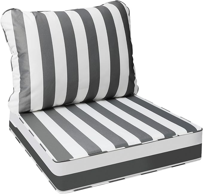 AAAAAcessories Outdoor Seat Cushions for Chairs, Fade-Resistant, Waterproof Patio Furniture Replacement Cushions, 24" x 24" x 5" + 24" x 19", Gray Cabana Stripe