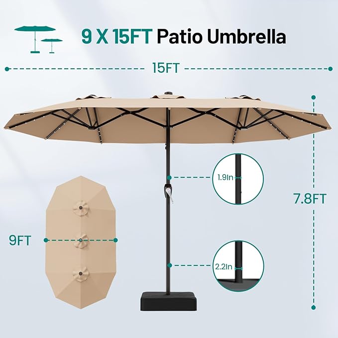 AreShark 15FT Patio Umbrella with Solar Lights, Double Sided Outdoor Table Umbrellas with Crank, Large Rectangular Market Umbrella for Porch, Lawn, Pool, Backyard, Beige