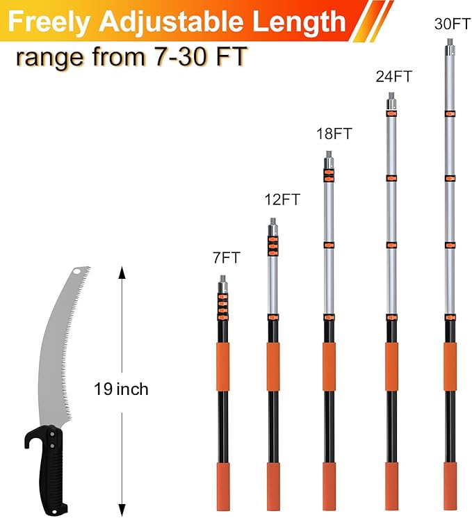 LAANPOLE 36FT Pole Saw, Telescoping Tree Trimmer with 7-30FT Extension Pole, Manual Branches Pruner for Backyard, Orange