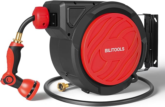 BILITOOLS Retractable Garden Hose Reel 1/2 in x 50 ft, Wall Mounted Water Hose Reel for Outside with Any Length Lock, Slow Auto Rewind Anti-Tangle System, 180° Swivel Bracket & 10-Pattern Spray Nozzle