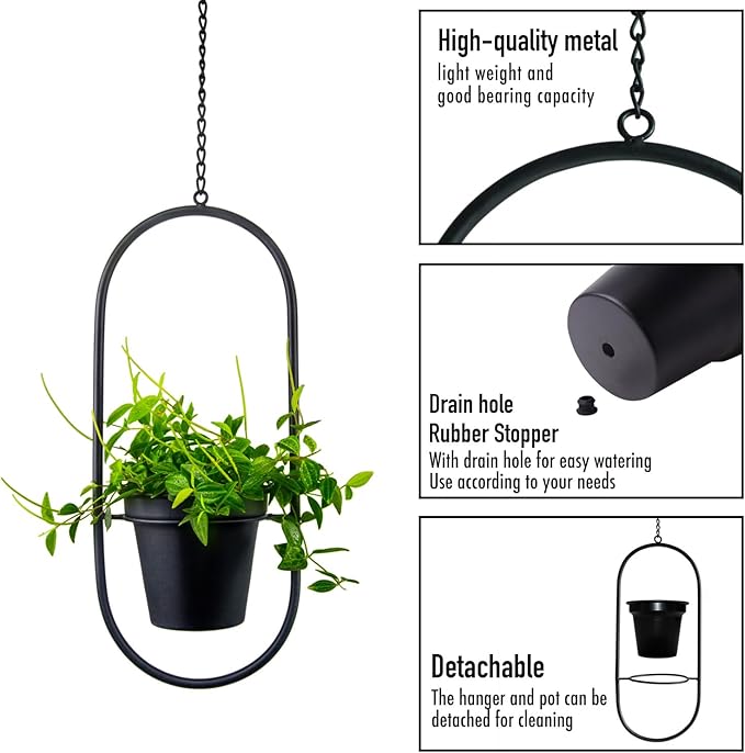 Modern Metal Hanging Planters with 5 Inch Pots - Set of 2 Oval Geometric Plant Hangers - Black Wall and Ceiling Mount Flower Holders for Indoor and Covered Outdoor Houseplants