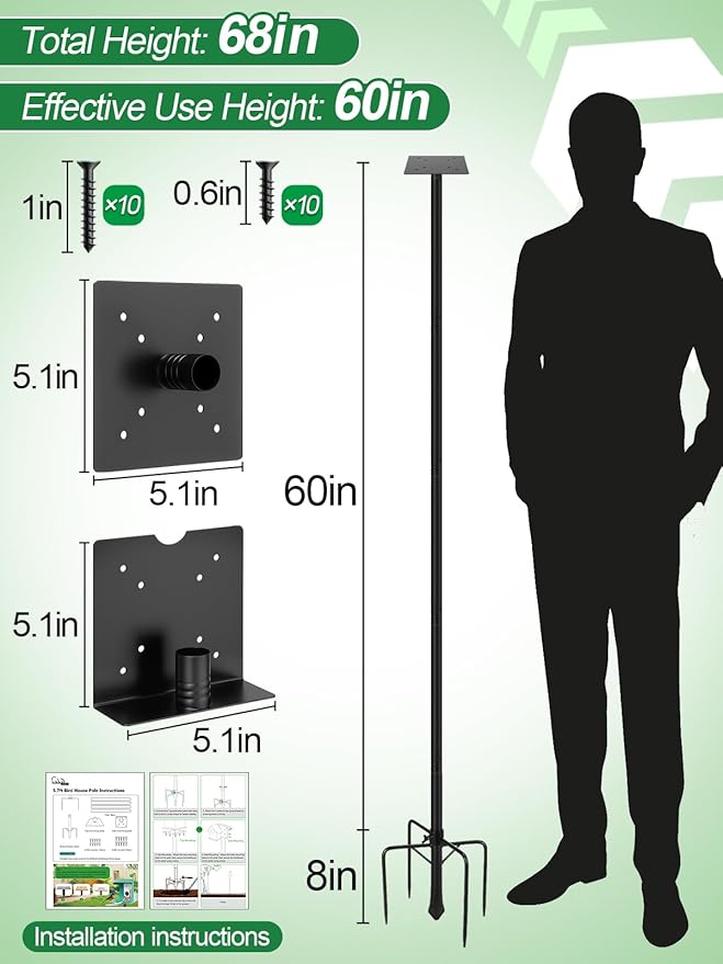 Bird Feeder Pole for Outdoors - 68in Adjustable Heavy-Duty Bluebird House Support Rod with Stable 5 Prong Base, Easy to Assemble Garden Nest Feeding Stand Post