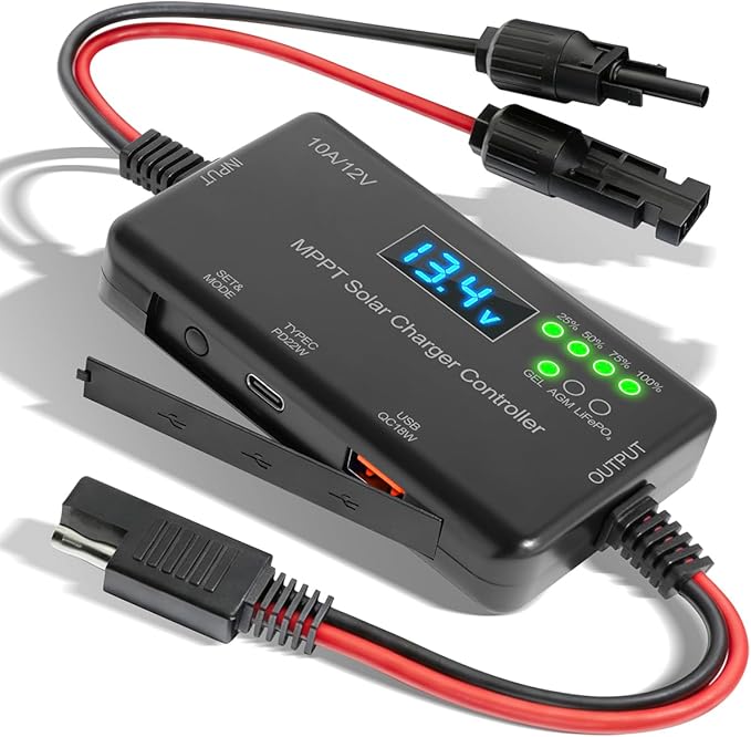 10A MPPT Solar Charge Controller 12V, 30V Max VOC | 22W Type-C & 18W USB Fast Charging | LCD, Multi Protection | Compatible with LiFePO4, AGM, Gel | for RV, Solar Shed Off Grid System