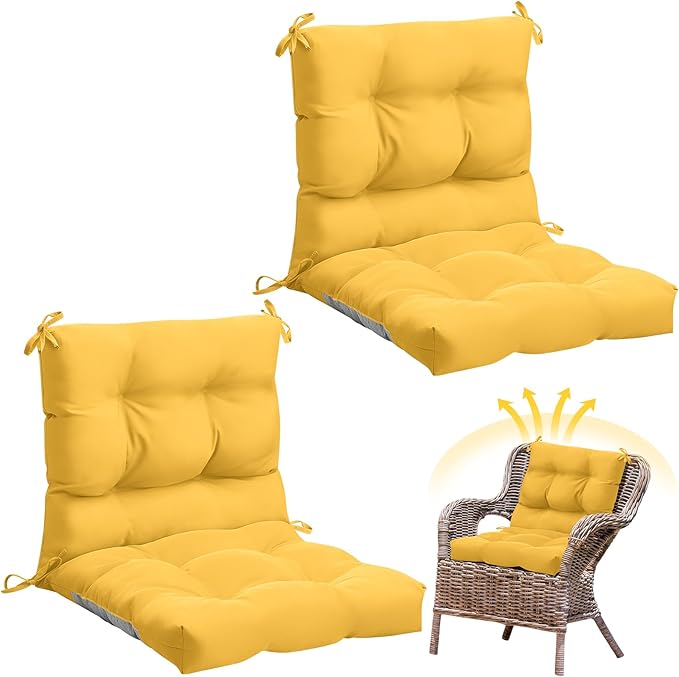 Marsui 2 Pcs Outdoor Indoor High Back Chair Cushions Patio Furniture Tufted Pillow with Ties Water-Resistant Replacement Outdoor Rocking Chair Cushions, 42 x 21 Inches (Yellow,Solid Color)