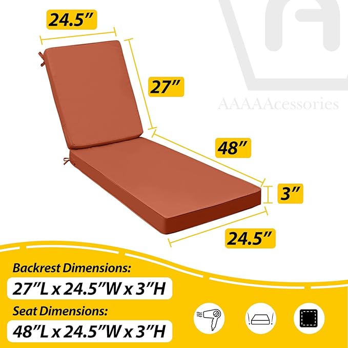 AAAAAcessories Outdoor Chaise Lounge Cushions, Fade-Resistant, Waterproof Patio Furniture Replacement Cushions, 75" x 24.5" x 3", Rust