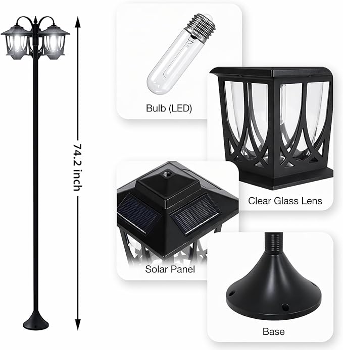 PEATOP 73” Solar Lamp Post Light, 3-Head Outdoor Solar Post Lights for Yard, Garden, Pathway, Aluminum Waterproof Dusk to Dawn Floor Lamp with Replaceable Bulbs, 6000K White Light