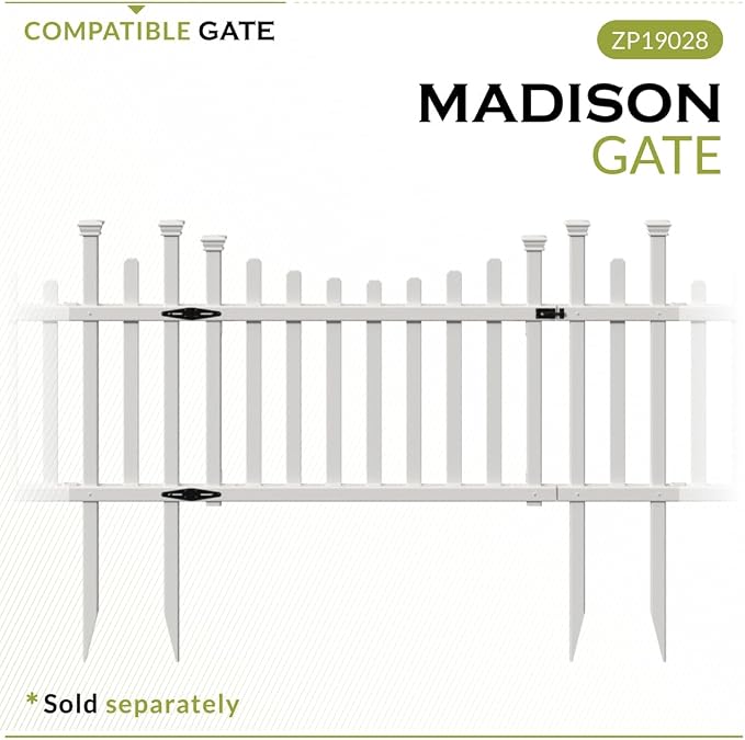 2.5ft H x 4.7ft W (2 Panels) No Dig Zippity Madison Fence Panel Kit, No Dig Panels, White Vinyl Fencing for Yard, Temporary Barrier for Backyard, White Picket Garden Border, DIY Enclosure ZP19001