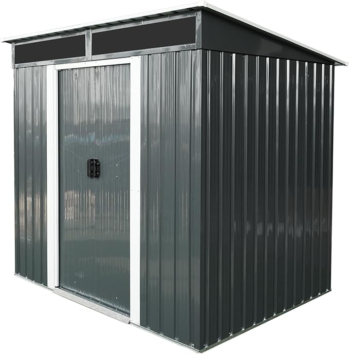 6FT x 5FT Outdoor Storage Shed, Heavy Duty Galvanized Steel Garden Shed with Sloped Roof, Sliding Lockable Doors, Punched Vents & Foundation Kit, Weather Resistant Tool Shed for Backyard, Black+White