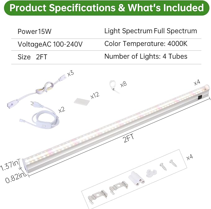 T5 Grow Lights, 2FT 60W (4×15W, 500W Equivalent), Full Spectrum Grow Lights for Indoor Plants, 4000K, Plug and Play, Easy to Install, for Greenhouse & Plant Shelves (4 Pack)