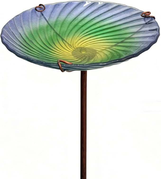 10.5" D Glass Bird Bath with Stake – Shallow Bird Bath for Outside Garden Backyard – Decorative Birdbath & Feeder for Patio Lawn – Hand-Painted Glass Water Dish, Blue