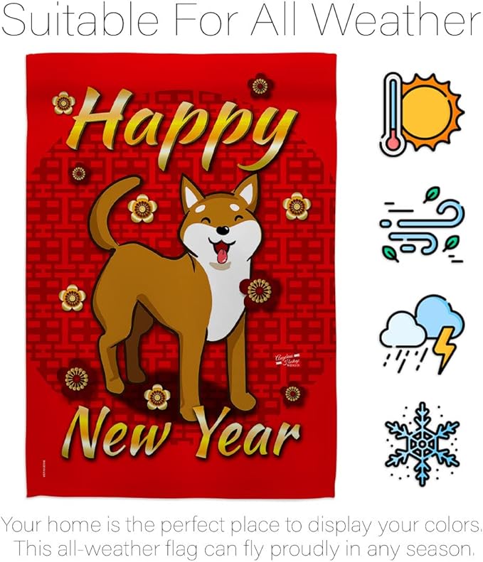 Chinese Dog Year Garden Flag - Set with Stand Winter Lunar New Good Luck Prosperous Seasonal Arrival Blessing - House Decoration Banner Small Yard Gift Double-Sided Made In USA 13 X 18.5