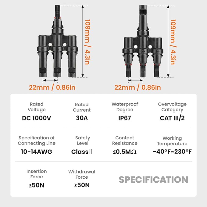 Solar Panel Connector 3 to 1 Solar Y Branch Solar Panel Splitter 3 Way 1000V Y Branch Solar Panel Parallel Connectors for Parallel Connection Solar Panels (1 Pair 3 to 1)