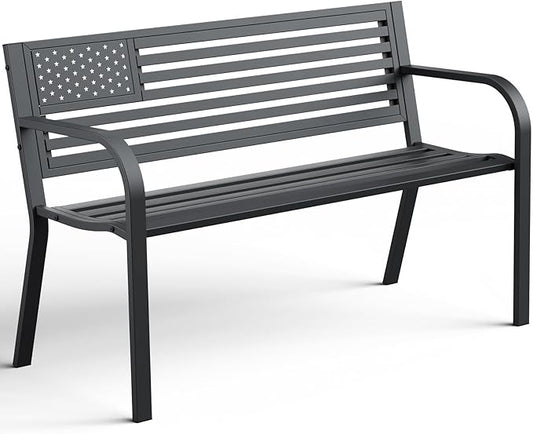 Outdoor Bench, Sturdy Metal Garden Bench with Classic Stars and Stripes Design Metal Backrest, 2-Person Patio Bench for Outside Seating, Cast Iron Steel Porch Yard Lawn Furniture, Black