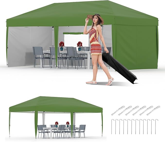 CABIHOME 10x20 Pop Up Canopy Tent with 4 Sidewalls, Heavy Duty Waterproof UPF 50+ Outdoor Shelter, Includes Roller Bag, Stakes & Sandbags