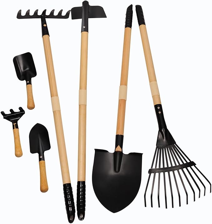Kids Rake and Shovel Sets, 7PCS Child Metal Gardening Tools for Real Digging-Great for Garden, Yard, Sandbox, Lawn, Camping Play, Outdoor Toys for Ages 2-4, 5-7 Years Old