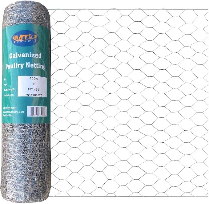 MTB Supply 20GA Galvanized Hexagonal Poultry Netting Chicken Wire 18 inches x 50 feet x 1 inch Mesh